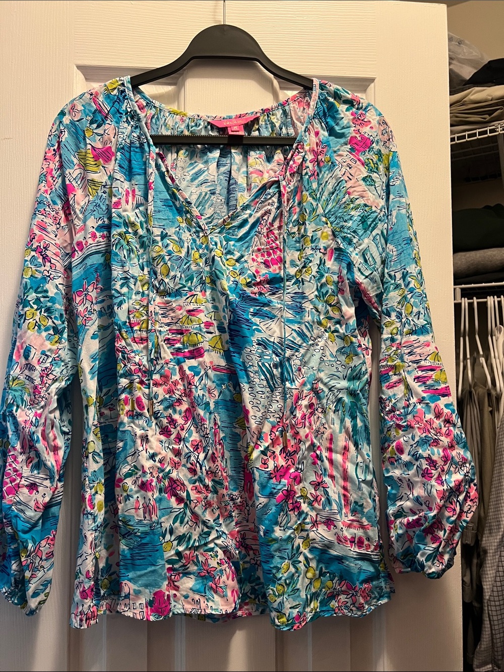 Lilly Pulitzer Turquoise and Pink Floral V-Neck Peasant Blouse
